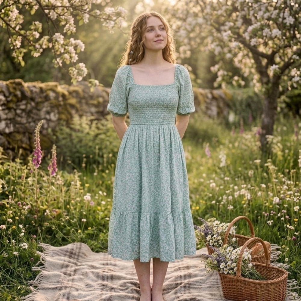 Cottagecore Floral Midi Dress Green Smocked Prairie Romantic Medium Puff Sleeves
